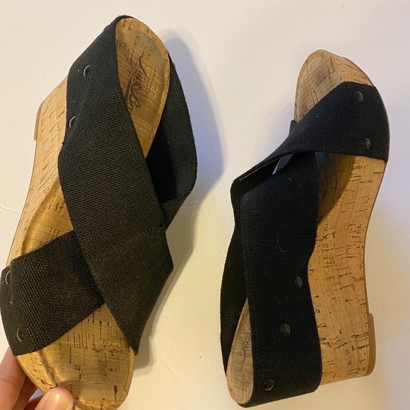 Lucky Brand Miller 2 Cork Wedge Platform Black Linen Strap Sandals 8 - Picture 9 of 11